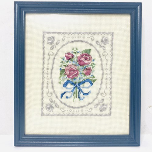 2 Vintage Needlepoint Wall Art Hand Embroidered Floral Wood Frame Glass Stitch - Picture 2 of 12