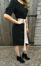 Jacques Vert UK 8 Black & Cream Polka Dot Dress Women's Scalloped Neck Fitted 