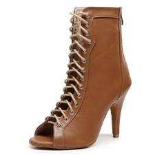 Woman Black Latin Dance Boot Open Toe Lace Up Stiletto Bootie High Heel Boots