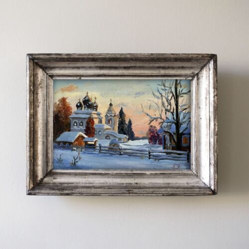 Оriginal oil painting.Winter landscape with a church in the village.Sunset art - Picture 3 of 12