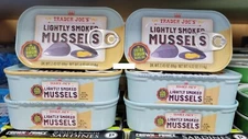 TRADER JOE'S  LIGHTLY SMOKED MUSSELS IN EXTRA VIRGIN OLIVE OIL 4oz EA , 6 packs