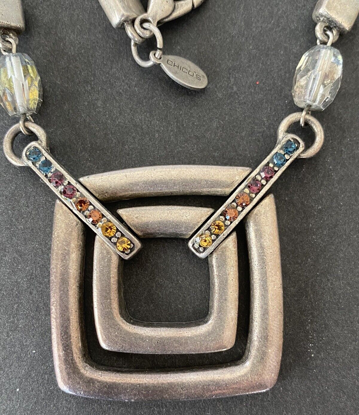 CHICO'S Silver Tone Double Square Multi Color Rhi… - image 2