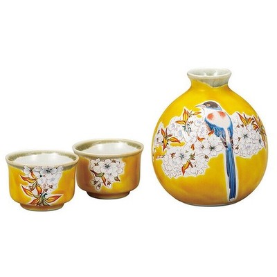 Kutani yaki ware Japanese Sake cup pot set Guinomi Tokkuri Yoshidaya Flower Bird