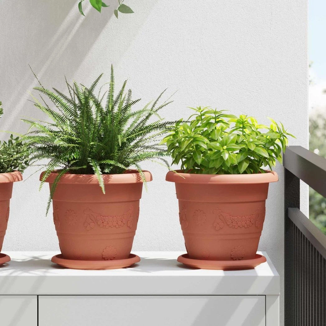 Plant Pots 6pc Brick Red Ø22x18cm Plastic Lightweight Drainage Holes Modern Home