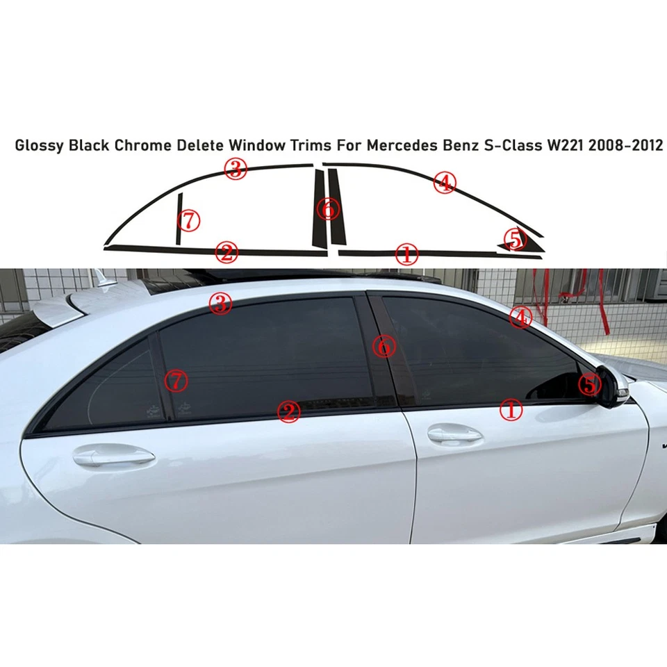 Glossy Black Chrome Delete Window Trims For Mercedes Benz S-Class W221 2008-2012 Foto 4 de 4