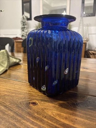VTG Murano Millefiori Style Glass Vase Cobalt Blue Ribbed Controlled Bubbles