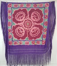 Antique Exceptional Chinese Hand Embroidered Floral Fringed Piano Shawl 62x62in