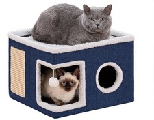 Cat Bed for Indoor Cats Cube House with Round Window, Covered Cat Cave Beds ...