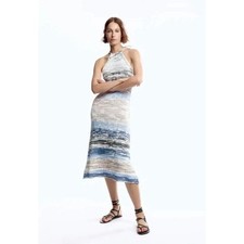 Zara Small Halter Midi Dress White Gray Watercolor Stripe Crochet Knit Acrylic
