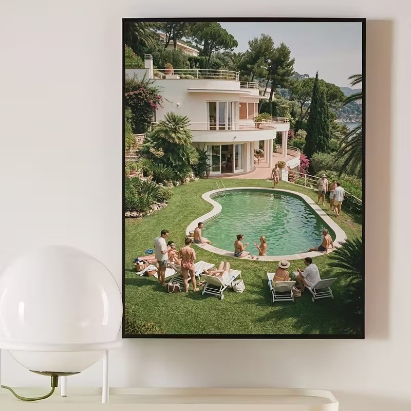 Luxury villa pool lifestyle poster, summer vacation art print, home decor