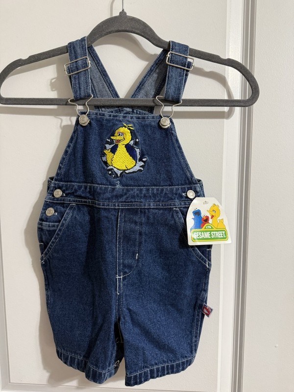 Vintage Sesame Street Big Bird Denim Shortalls Size 2T Embroidered New With Tag