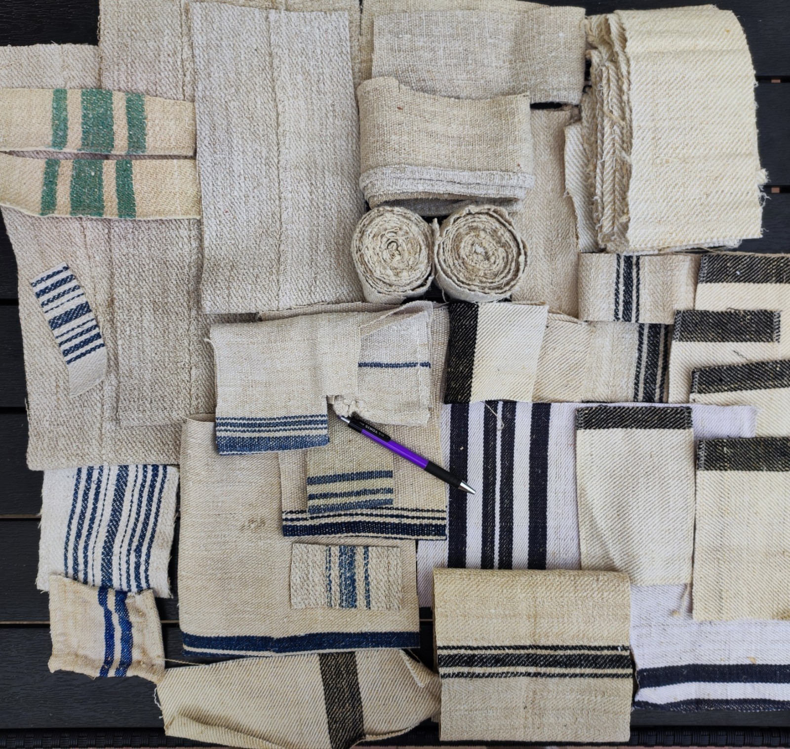 Vintage grain sack fabric bundle in black and blue feedsack lot