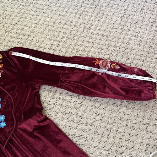 Velvet Short Dress Beautiful Embroidery Boho Size S Burgundy Color - Picture 16 of 18