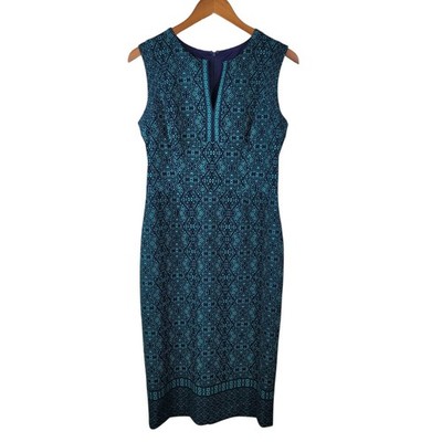 Adorne Sheath Dress size 10 Event Knee Length Teal Blue Geometric Stretch  Womens | eBay