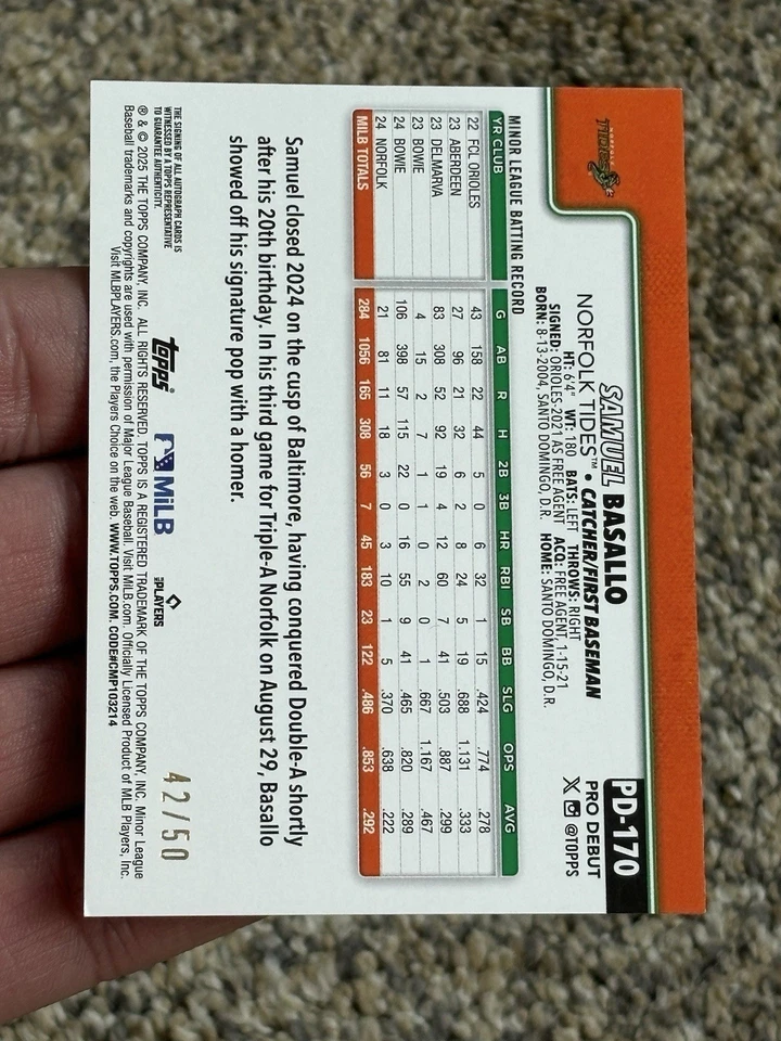 Samuel Basallo Auto /50 Gold Foil PD-170 2025 Topps Pro Debut - Image 2 of 3