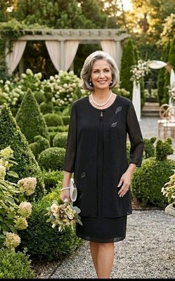 Black Elegant two-piece jacket dress combo with decorative leaf embroidery 18w