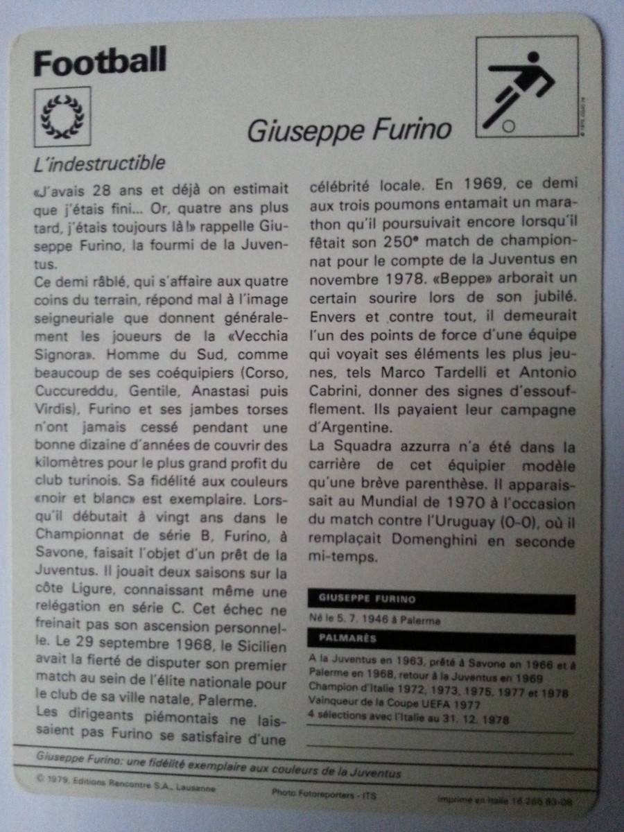 Carte De Football Collection 1979 Editions Rencontre – Giuseppe Furino