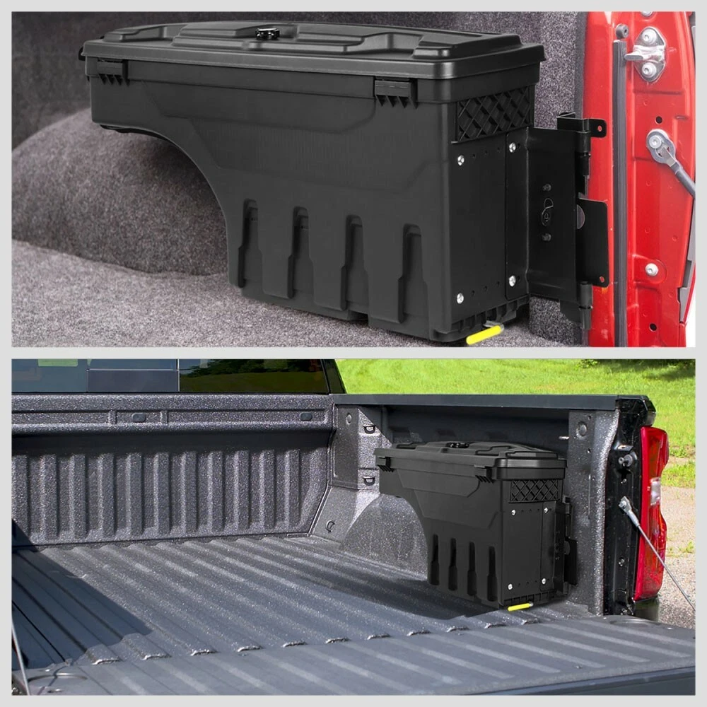 Swing out wheel well outlet tool box