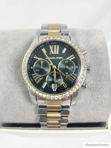 NEW Michael Kors Lexington Crystal Gold & Silver Green Unisex Watch MK7303 NWOT