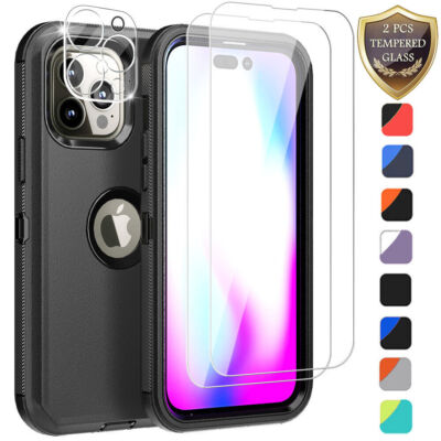 For iPhone 14 Pro Max 14 Plus 13 Rugged Case Cover+Tempered Glass+Lens Protector