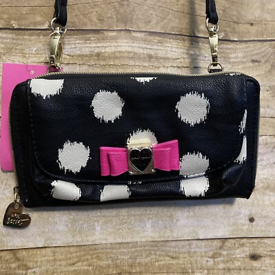 Betsy Johnson Wallet On A String Cross Body Purse Clutch Black White Honey Bun