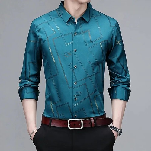 Camisa estampada manga larga informal y de moda para hombre, sin planchar y arrugas - Imagen 26 de 29