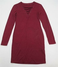 FOREVER 21 #DR1441 Women's Size S Ribbed Burgundy Red Bodycon Lace Up Dress