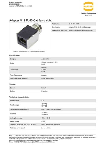 Harting 21033812401 Adapter Panel Feed-Thru M12 to RJ45 Female Straight 4 Pole - Picture 5 of 6