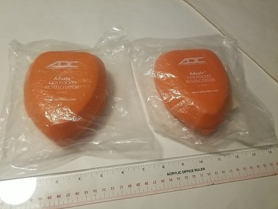 Two (2) ADC Adsafe 4053 CPR Pocket Resuscitators Latex Free Orange Cases New
