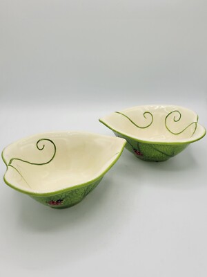 Peir I  Imports Heart Shape Green Leaf Lasy Bug Salad Bowls  Set Of 2