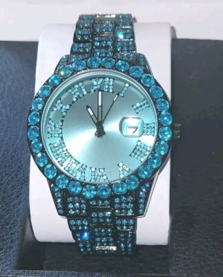 Mens Luxury Turquoise Blue Full Cover Shiny Simulated Diamond (CZ