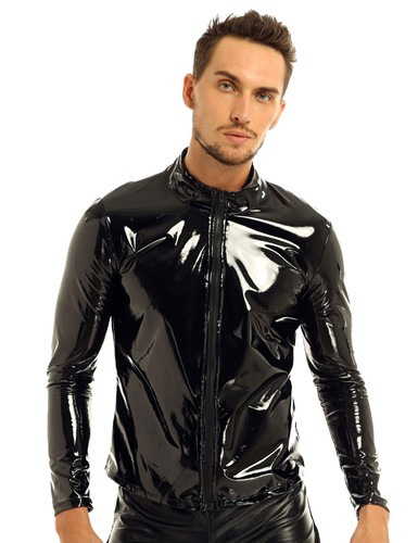 Men Shiny Metallic Coat Black Long Sleeve Patent Leather Shirt Front-Zip T- shirt | eBay