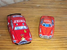 2 Vintage Toy Metal or Tin Litho 3" Fire Chief Car 2" Taxi Cab Japan Rare