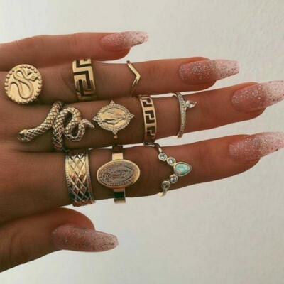Neu Boho Ring Set Damen Gold Blume Schlange Fingerringe Punk Ring Geschenk