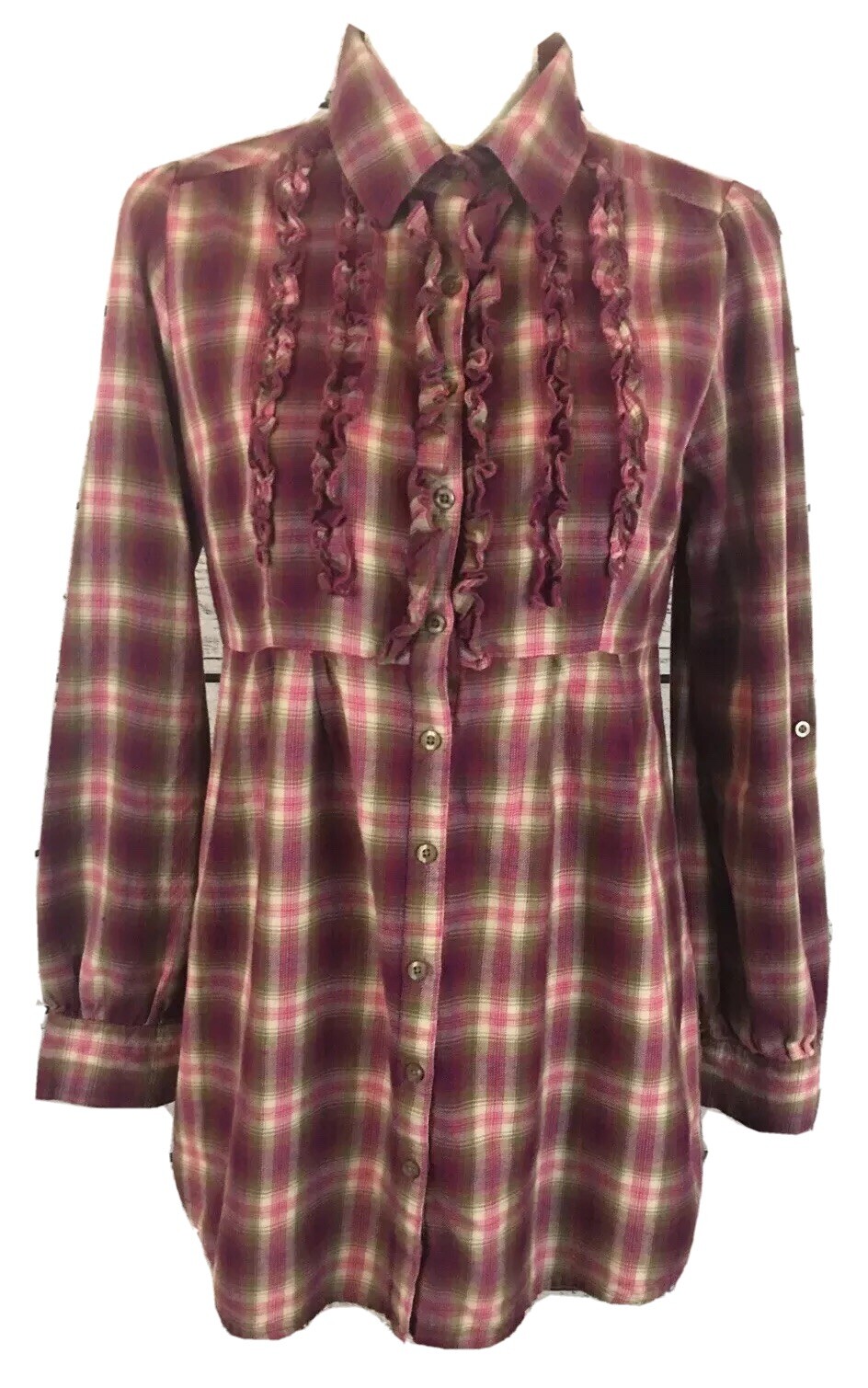 Relativity Plaid Ruffled Button Front Roll Tab Sl… - image 1