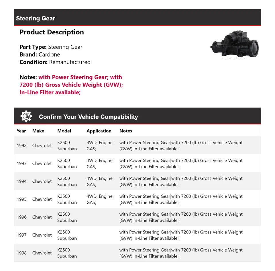 For 1992-1998 Chevrolet K2500 Suburban Steering Gear Cardone 1993 1994 1995 1996 - Image 2 of 4