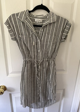 Japna Women's Striped Shirt Dress XS Cotton Button Drawstring Collared