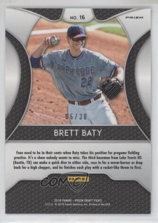 2019 Panini Prizm Draft Picks Carolina Blue Prizm /30 Brett Baty #16 - Image 2 of 2