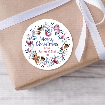 HOMEMADE 48 PERSONALISED CHRISTMAS STICKERS - PRESENT LABELS - GIFT LABEL WREATH XMAS