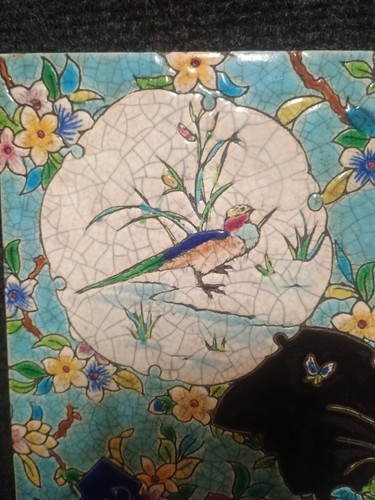 Ancien Carreau Émaux De Gien Faience XIXe Japonisme Fleurs Oiseau - Imagen 9 de 18