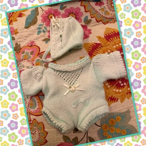 Cute Vintage Cabbage Patch Kids BBB Preemie Baby Outfit Knitted Blue Romper Cap