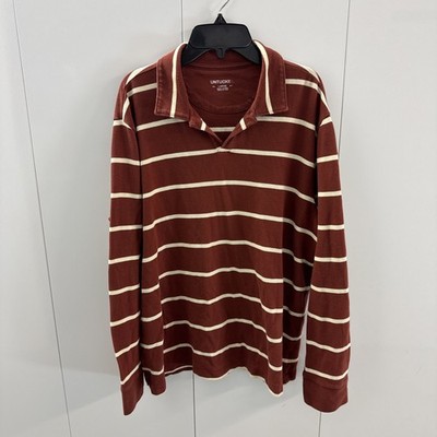 UNTUCKit Julius Long Sleeve Polo Shirt Mens L Brick Brown Striped EUC