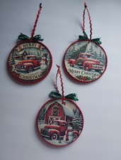 Christmas Ornaments, Vintage Red Truck, Set Of 3 Double-sided, Handcrafted