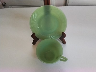 FIRE KING JADEITE JANE RAY CUP & SAUCER VINTAGE 1950S  OLDER MARK RIBBED