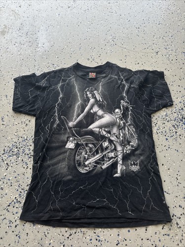 Vintage 1995 Sturgis 3D Emblem Harley Pin Up Biker Girl Lightening L Tshirt