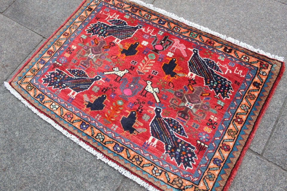 Vintage Hand Made Traditional Oriental Wool Red Small Rug 55x84cm Animal Bird - Image 2 of 4