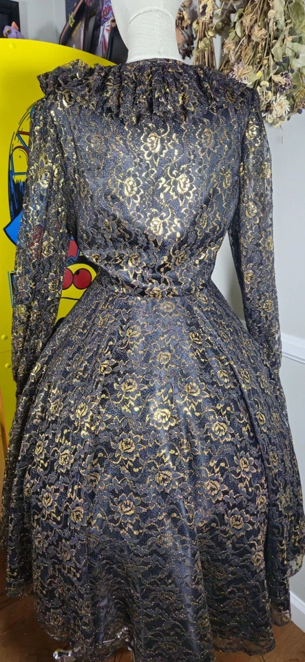 Vintage 1970s Black And Gold Party Dress With Zipper Front - Image 2 of 4