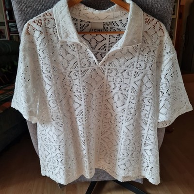 ICHI Tolles Polo Shirt Gr. L Weiß Trend Oberteil Häkelspitze Lochoptik Neu TOP!