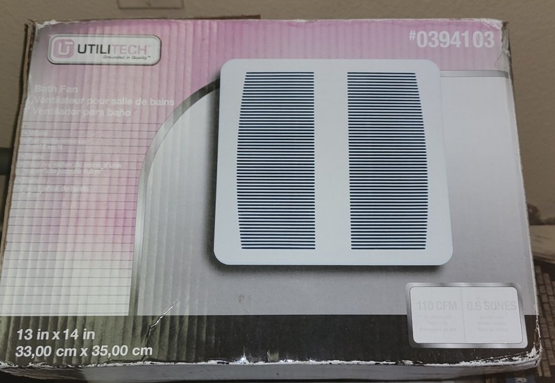 New in Box Utilitech Bath Fan White up to 110 CFM Air Movement 0.6 Sones Sound