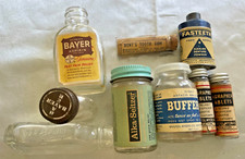 9 botiquín médico antiguo vintage botellas de vidrio etiquetas y lata primeros auxilios